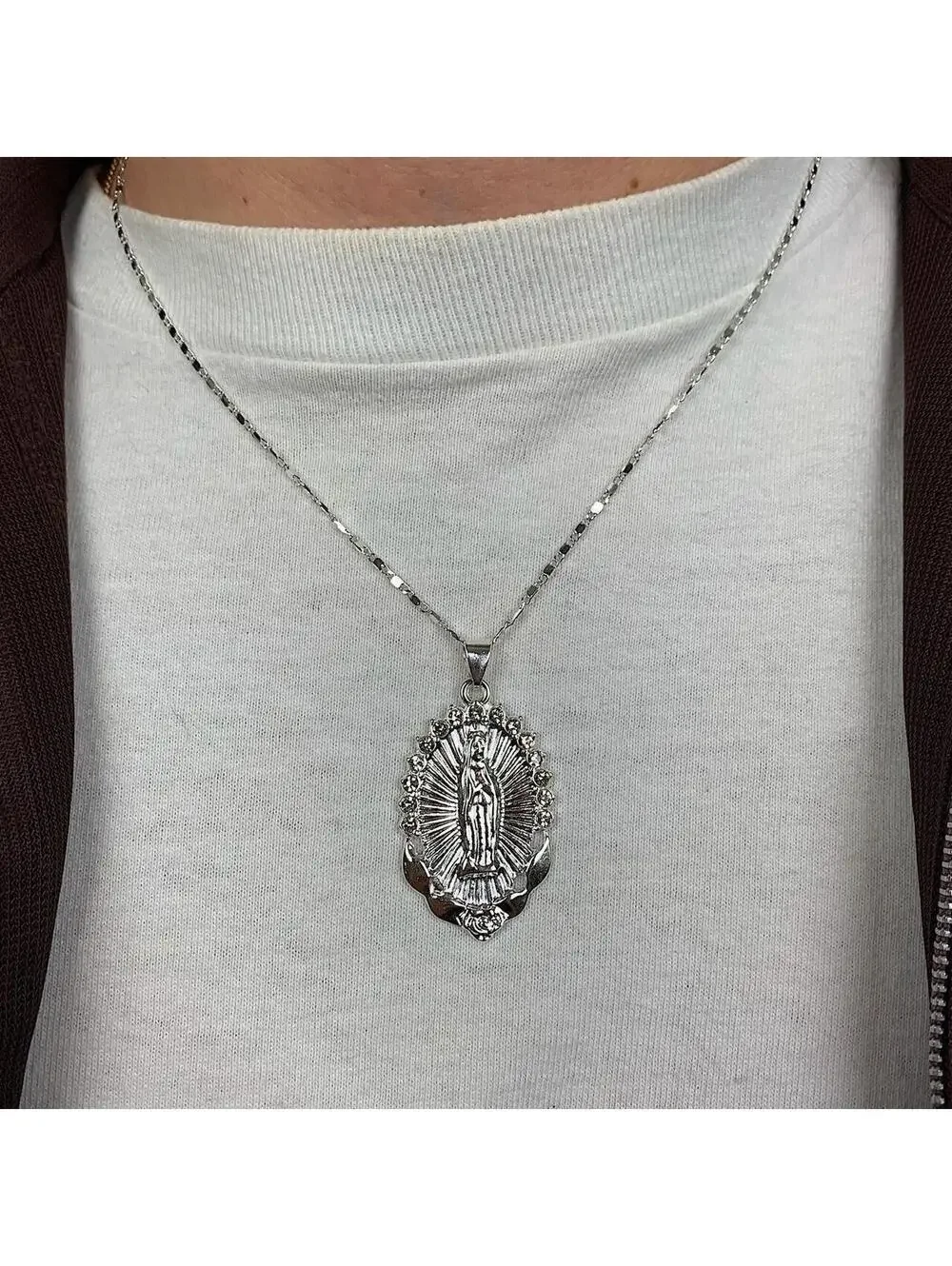 Silver Saint Marry rhinestone pendant y2k 90s style necklace chain. Grunge punk